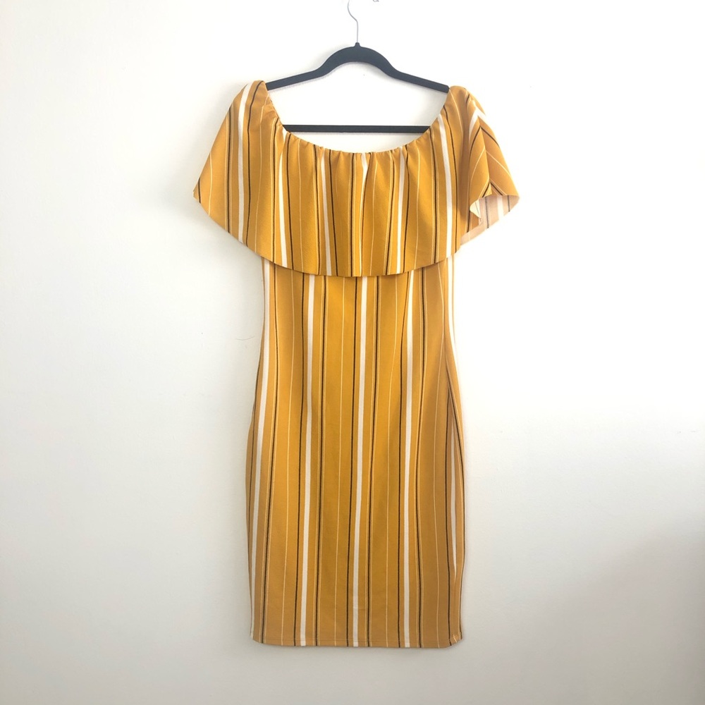 Yellow off shoulder ruffle striped dress